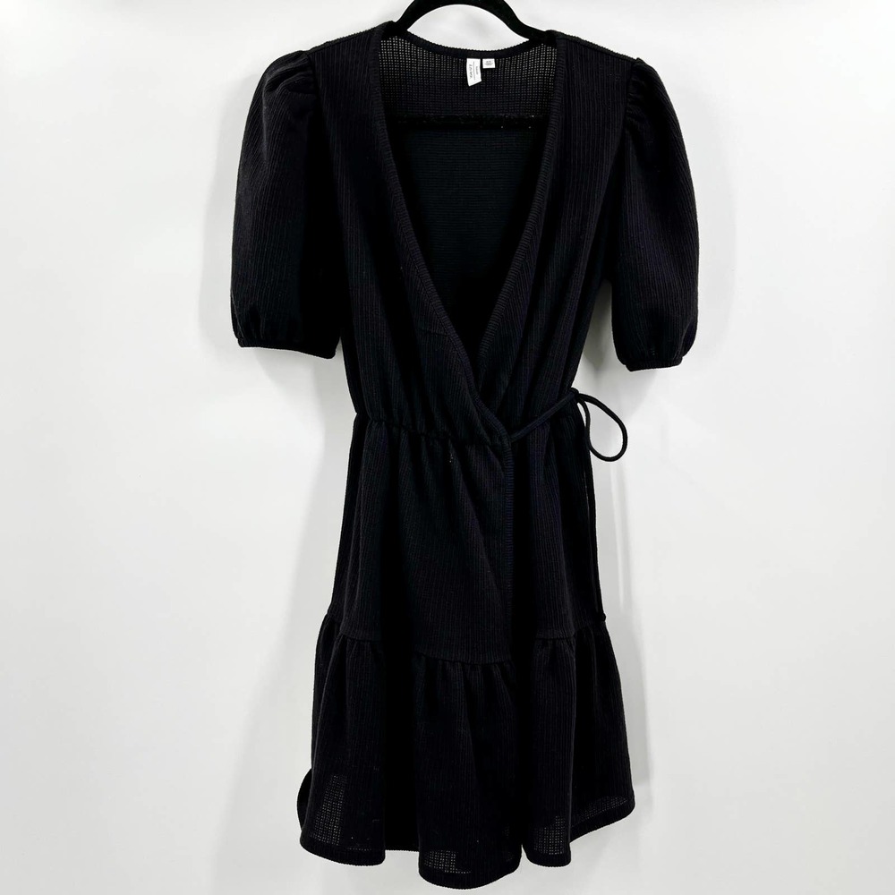 & Other Stories Black Wrap Dress Cotton Mini Dress Textured Lightweight